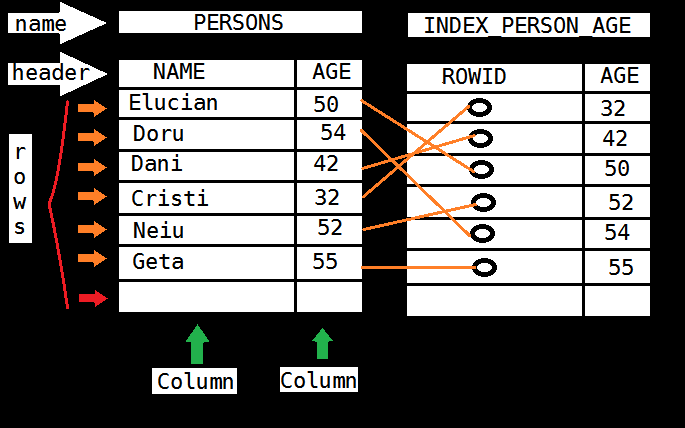 An index on PERSONS.AGE storing sorted AGE values next to each row's ROWID, used to jump directly to the matching row